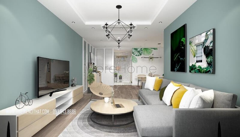 Thiết kế nội thất phòng ngủ chung cư nổi bật với gam màu xanh mát mẻ, bộ sofa hiện đại Thiết kế phòng khách chung cư