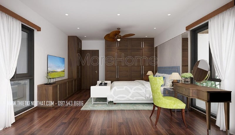 Nội thất phòng ngủ vợ chồng gỗ óc chó trở thành điểm nhấn bởi vẻ đẹp hoàn hảo được tôn lên từ Sàn gỗ, bộ bàn ghế trang điểm, tủ quần áo, kệ tivi, cửa gỗ. Thiết kế phòng ngủ biệt thự