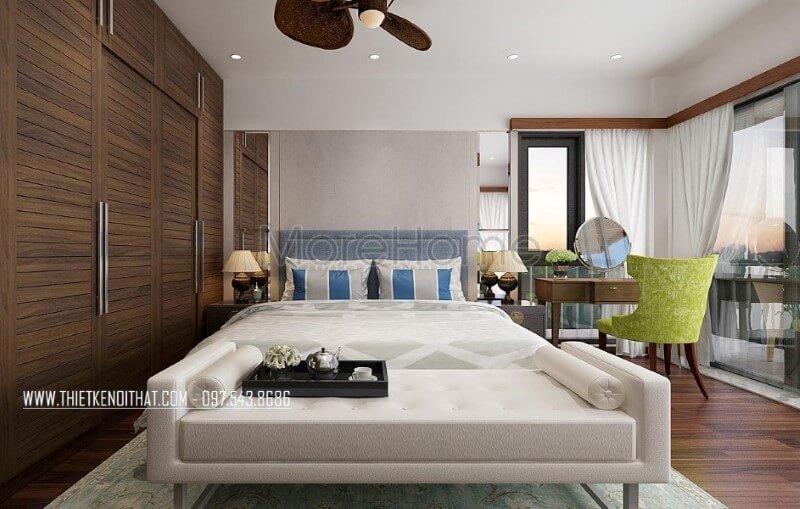 Đôn sofa cuối giường sắc trắng trẻ trung cùng nệm bọc êm ái giúp bạn có thể tận hưởng tối đa công năng trong phòng phòng ngủ master đẹp, sang trọng của mình. Thiết kế phòng ngủ biệt thự