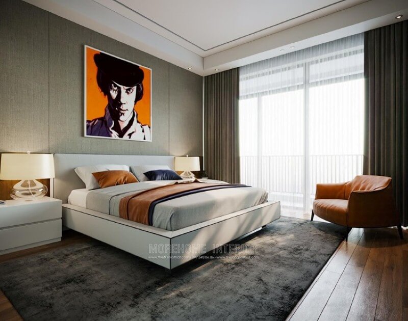 canvas phòng ngủ đẹp sáng tạo với không gian hiện đại nổi bật với tone cam điểm nhấn. Thiết kế chung cư