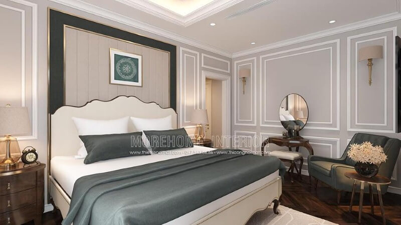 Nệm ốp tường kết hợp bo viền kim loại mạ vàng kết hợp cùng giường bọc nệm trắng tạo nên không gian phòng ngủ tân cổ điển sang trọng, quý phái. Mẫu nội thất biệt thự đẹp