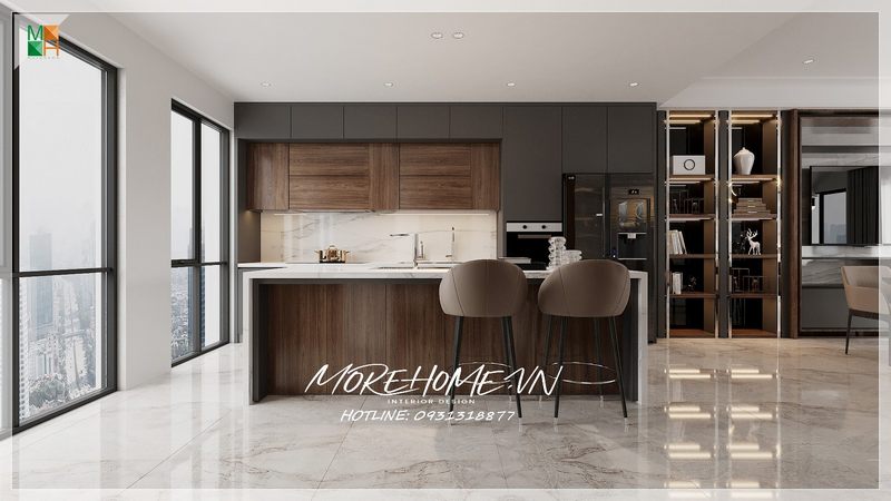 Với thiết kế bàn đảo bếp kết hợp bàn ăn độc đáo tạo nên không gian phòng bếp sang trọng đẳng cấp kết hợp với ghế cao tựa như đang ngồi tại quầy bar