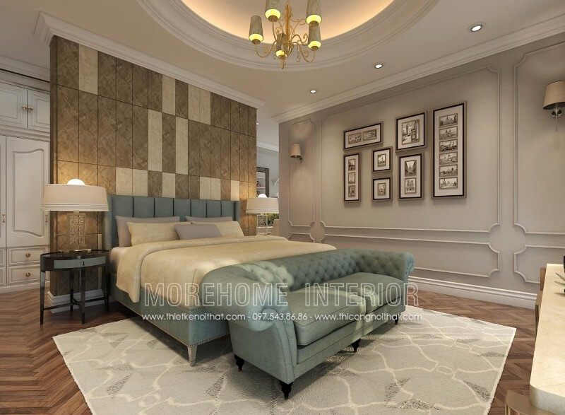 Mẫu giường bọc nỉ tân cổ điển đẹp này được thiết kế sang trọng kết hợp với khung gỗ sồi cao cấp, tạo sự chắc chắn mà không kém phần sang trọng. Đây là kiểu mẫu phòng ngủ tân cổ điển hiện đại khá là phổ biến hiện nay