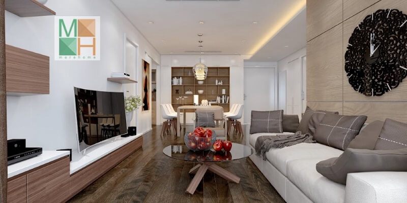 Trang trí phòng khách chung cư hiện đại với đồ nội thất nhỏ gọn tiện nghi: đồng hồ treo tường độc đáo, kệ ti vi, bộ sofa màu trắng