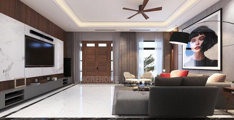 Bố trí nội thất phòng khách hiện đại đẹp, sang trọng từ đá ốp tường vân mây, tranh treo tường nghệ thuật cùng sofa hiện đại cao cấp.