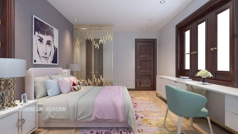 Thiết kế nội thất phòng ngủ con gái lớn phong cách hiện đại, sinh động với mẫu đồ nội thất bằng gỗ công nghiệp cao cấp
