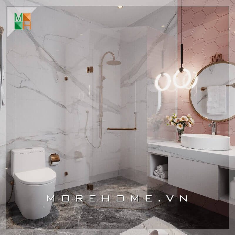 Sử dụng đá nhân tạo vân mây cao cấp để ốp tường phòng tắm sẽ mang đến sự sang trọng, hiện đại cho không gian thư giãn cá nhân của bạn