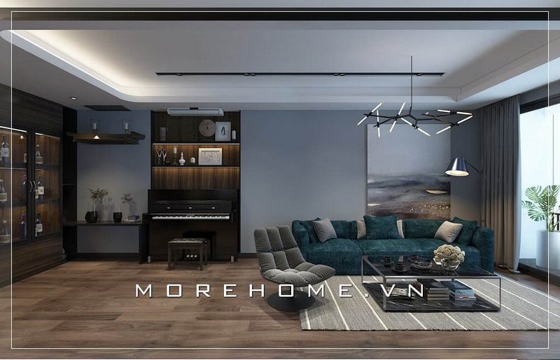 Đem đến cho không gian phòng khách chung cư vẻ ấm cúng, gần gũi mà mới lạ với bộ sofa bọc nhung màu xanh mềm mại được thiết kế theo phong cách hiện đại kiểu văng tiện lợi.