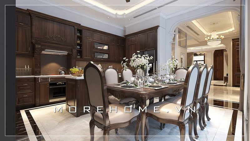 Thiết kế phòng ăn phong cách tân cổ điển kết hợp nội thất gỗ tự nhiên cao cấp, sang trọng